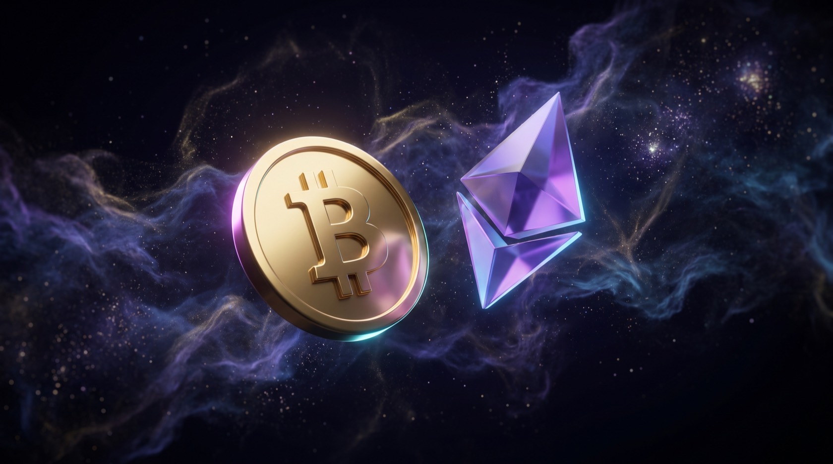 Bitcoin and Ethereum floating in cosmic space